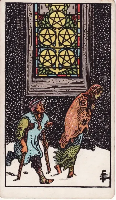 Five of Pentacles tarot card (Rider–Waite–Smith)
