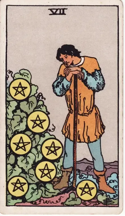 Seven of Pentacles tarot card (Rider–Waite–Smith)
