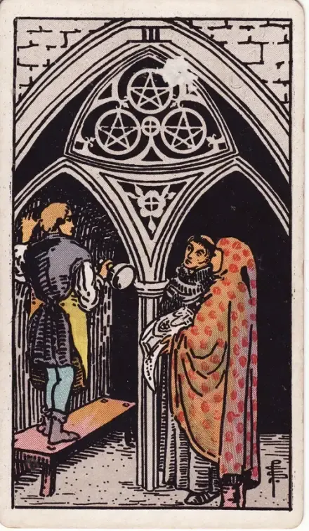 Three of Pentacles tarot card (Rider–Waite–Smith)