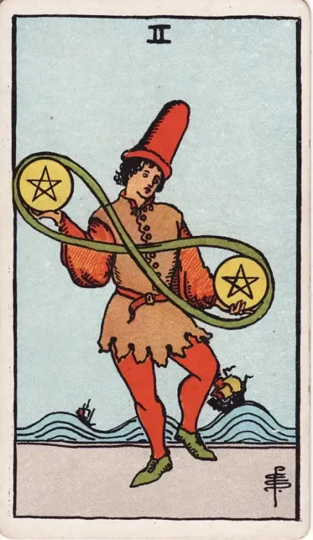 Two of Pentacles tarot card (Rider–Waite–Smith)